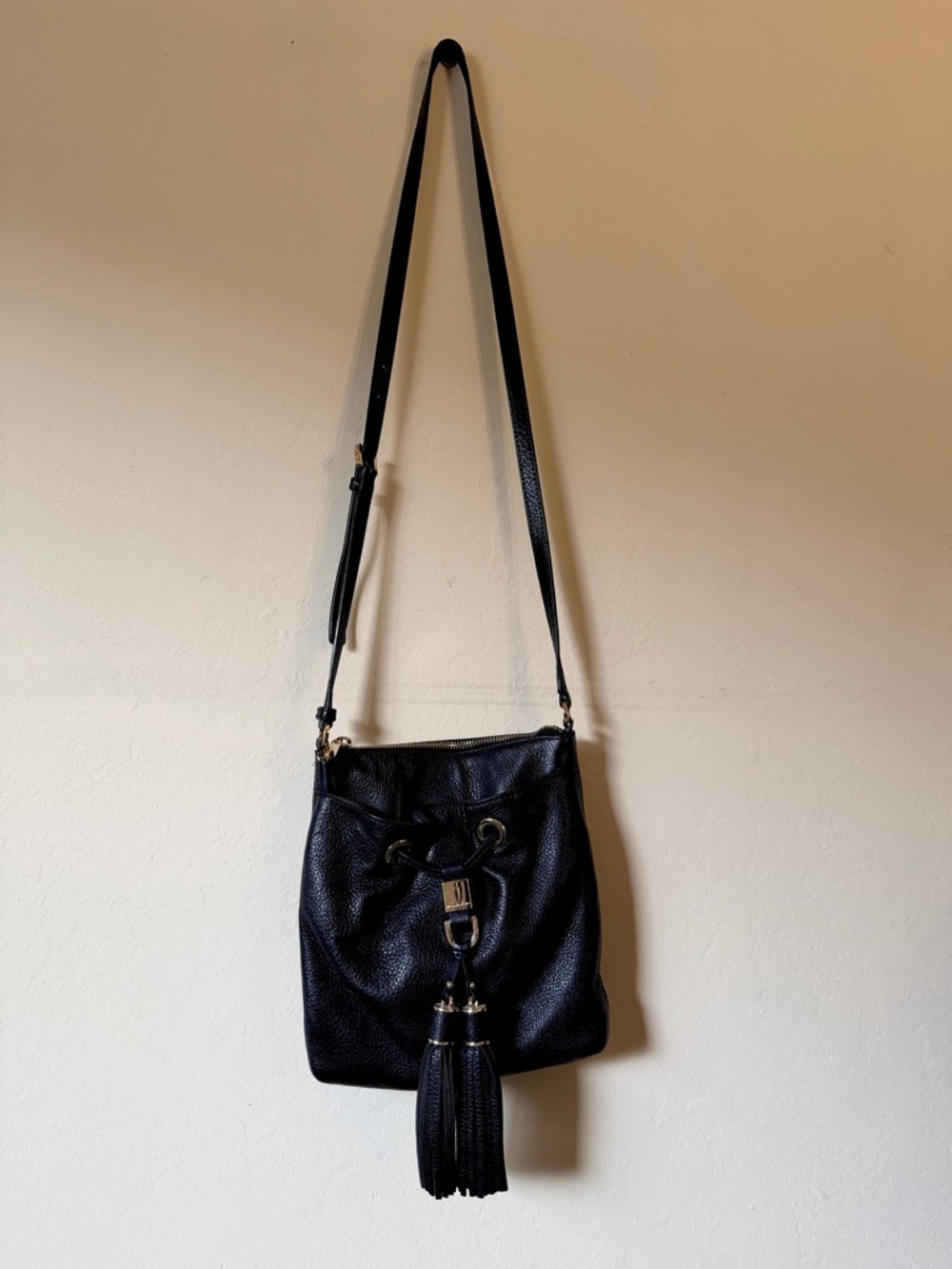 Black Leather Tassel Crossbody Bag - Women